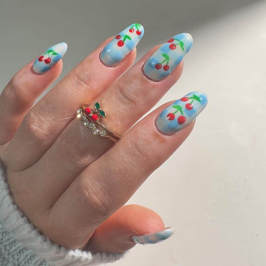 Gingham-Cherry-Nails