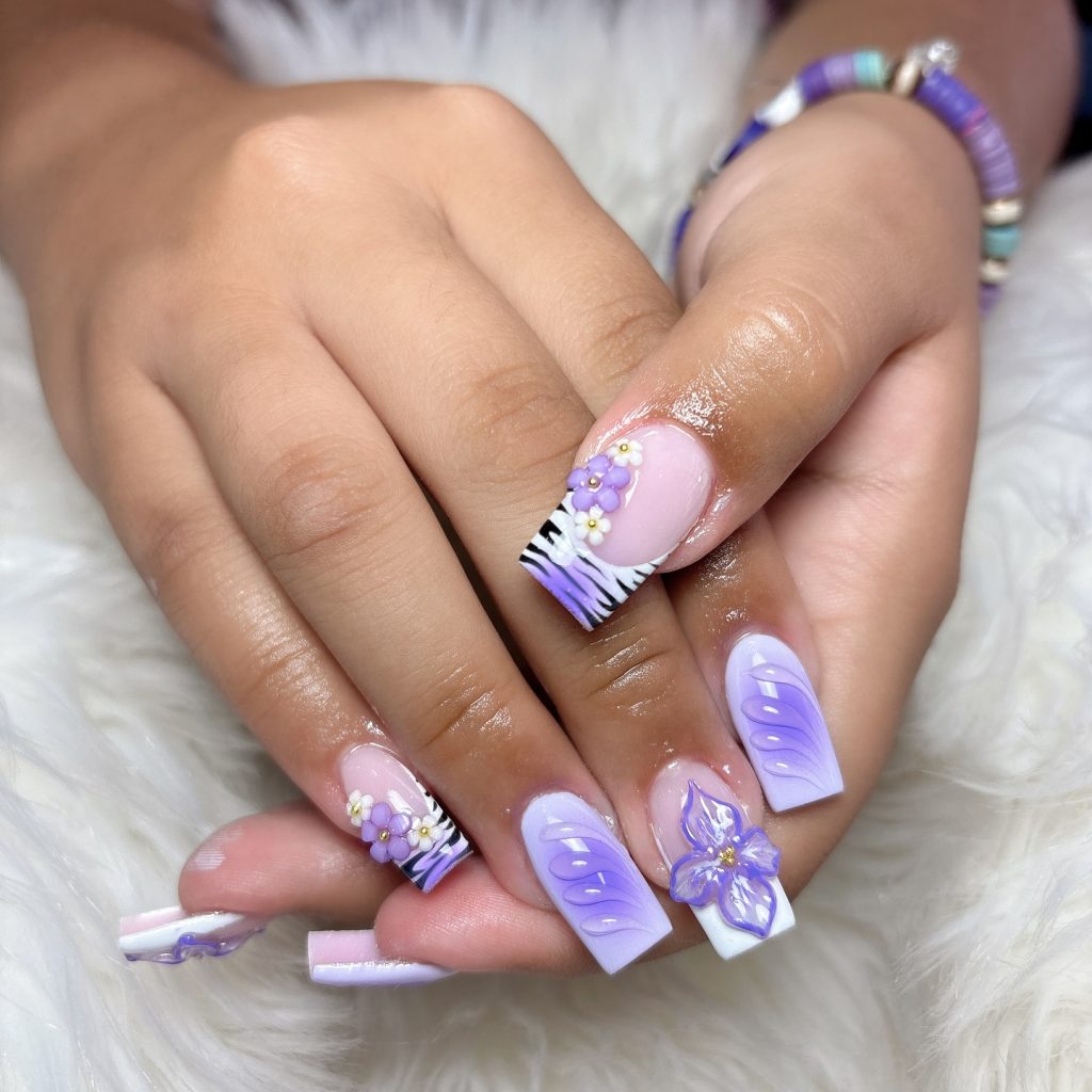 Graduation Purple Floral Nails