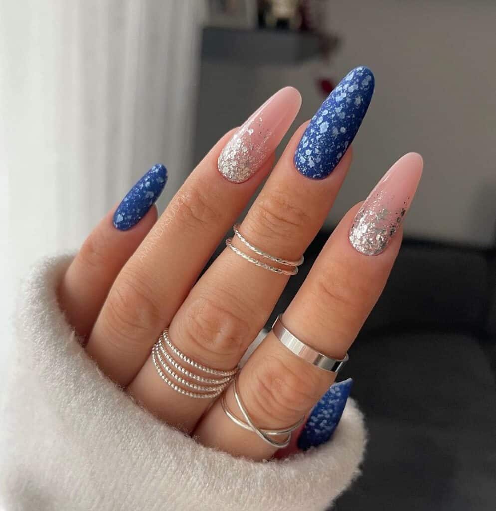 Long Almond Blue December Nail Art