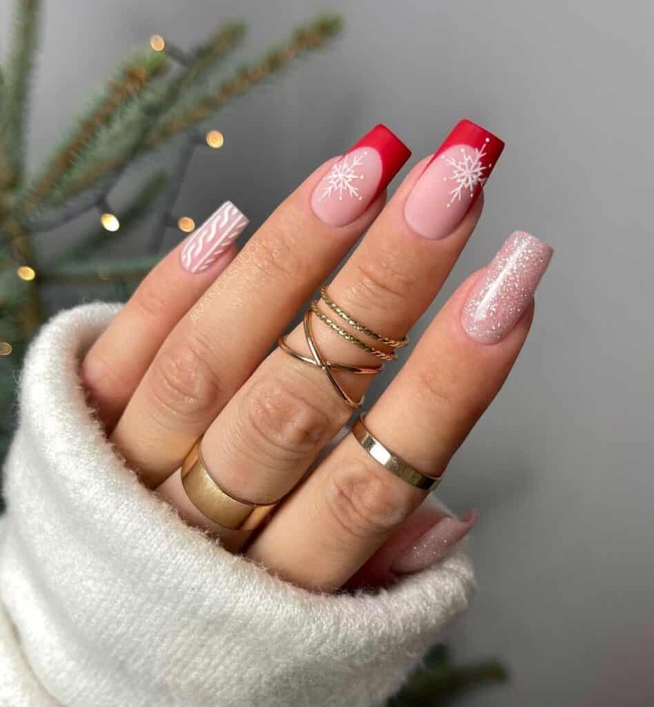 Matte-Red-French-tip-Nails-with-Simple-Snowflakes