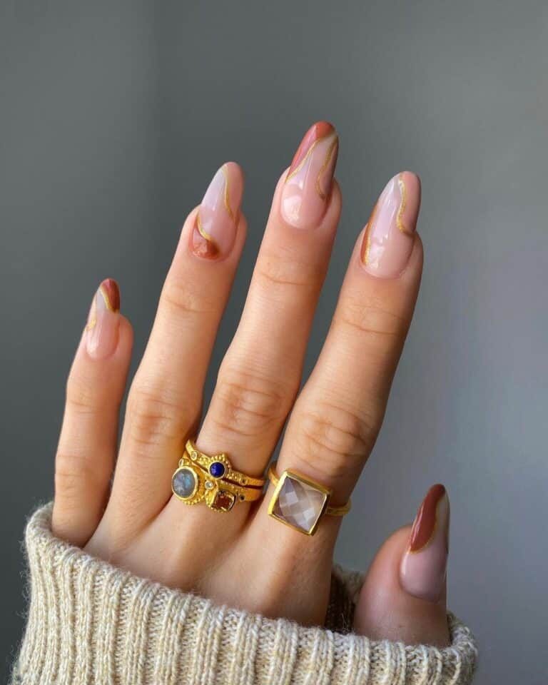 Neutral Nails with Gold Thin Swirls