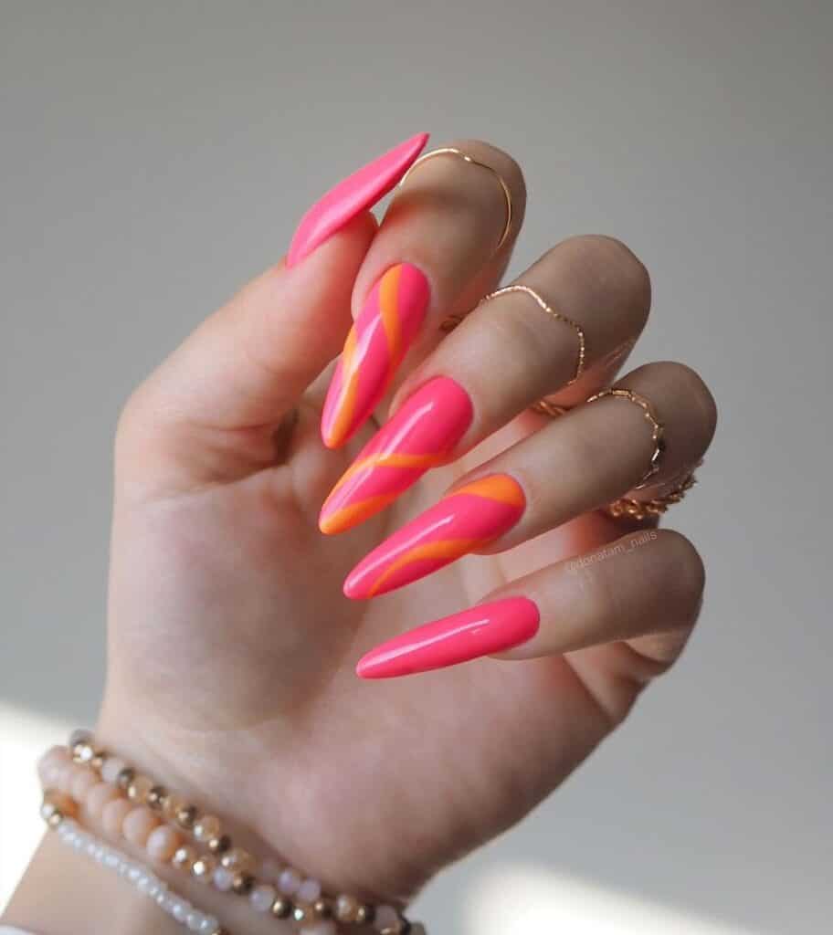 Pink-Nails-with-Orange-Swirls