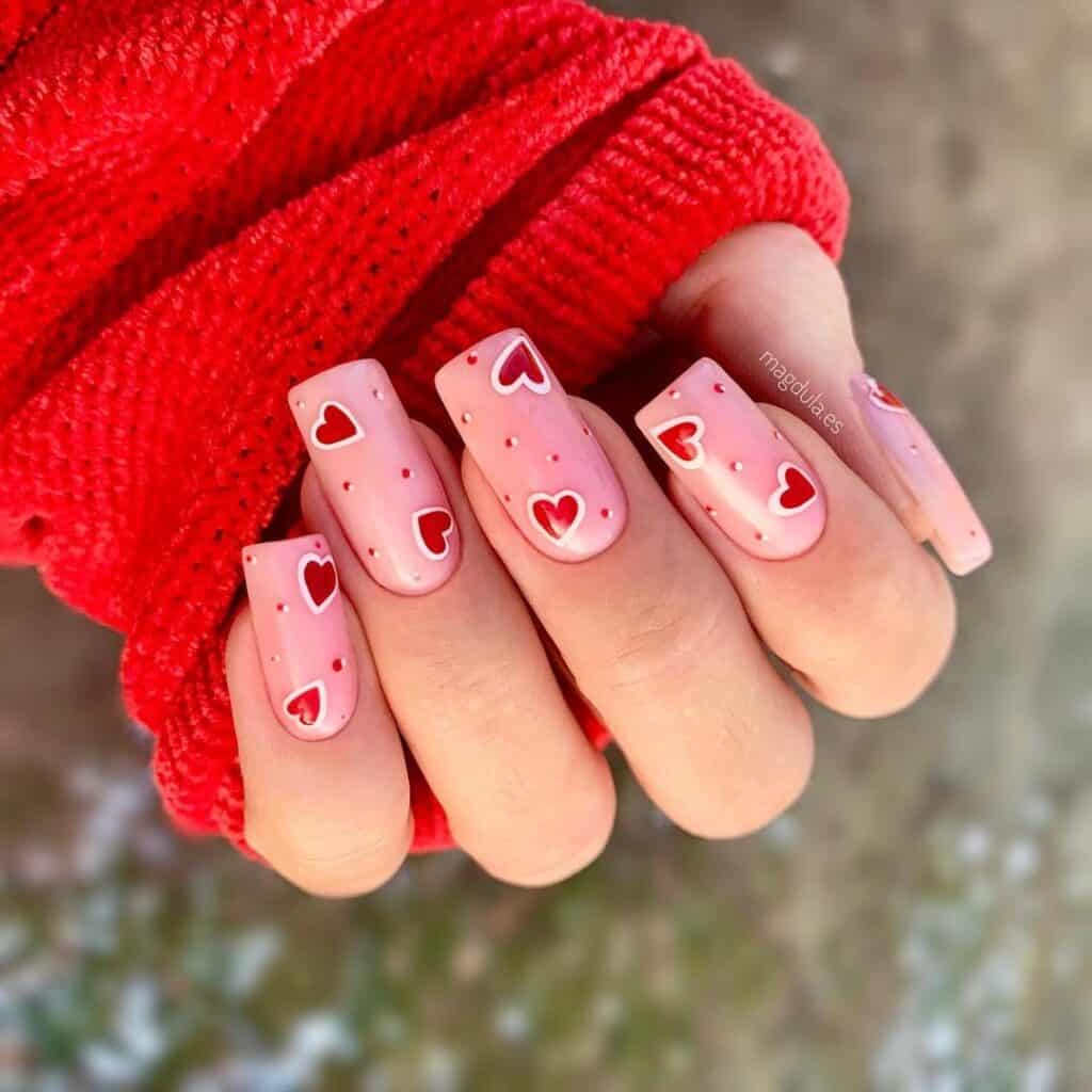 Pink-Nails-with-White-and-Red-Heart-Nail-Idea
