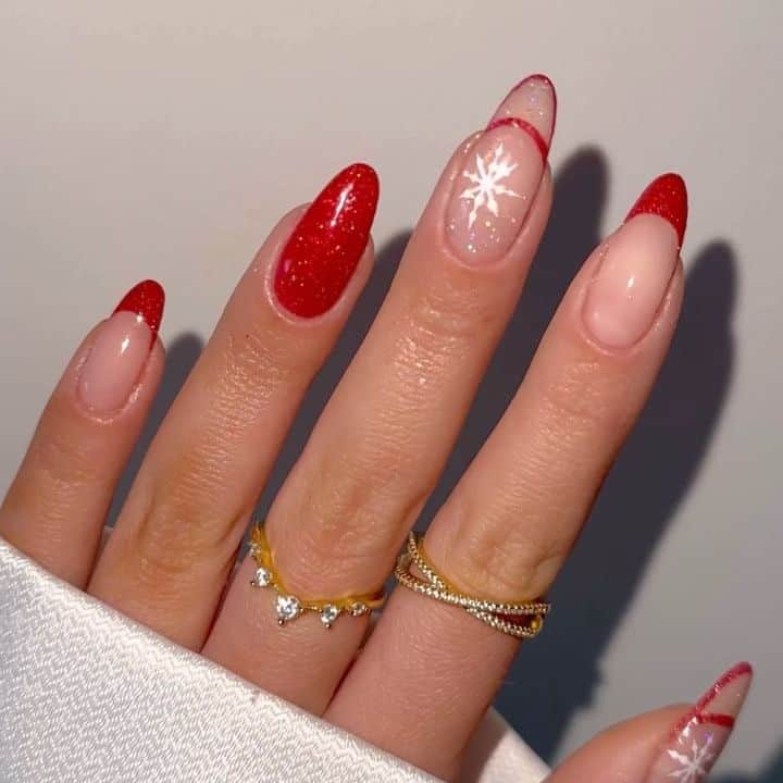 Reflective-Red-Glitter-Christmas-Nails-with-Double-French-Tips