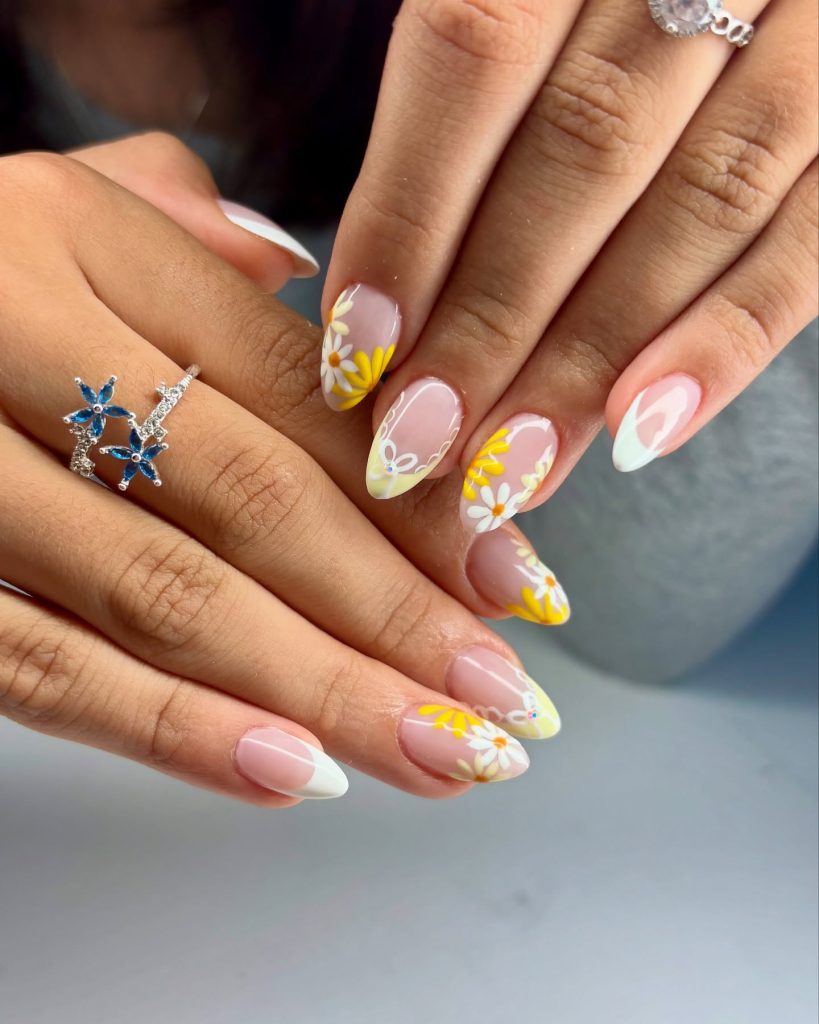 Simple Graduation Nails with Yellow Flower