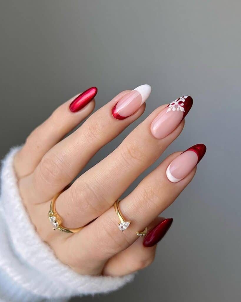 White-and-Red-Christmas-Nails-with-Mini-Snowflakes