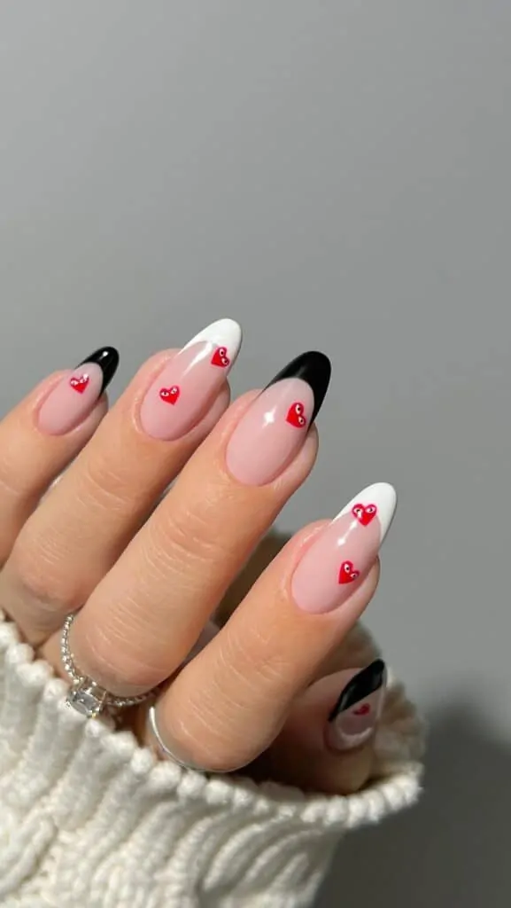 Black-and-White-French-Tip-Nails-with-Little-Hearts