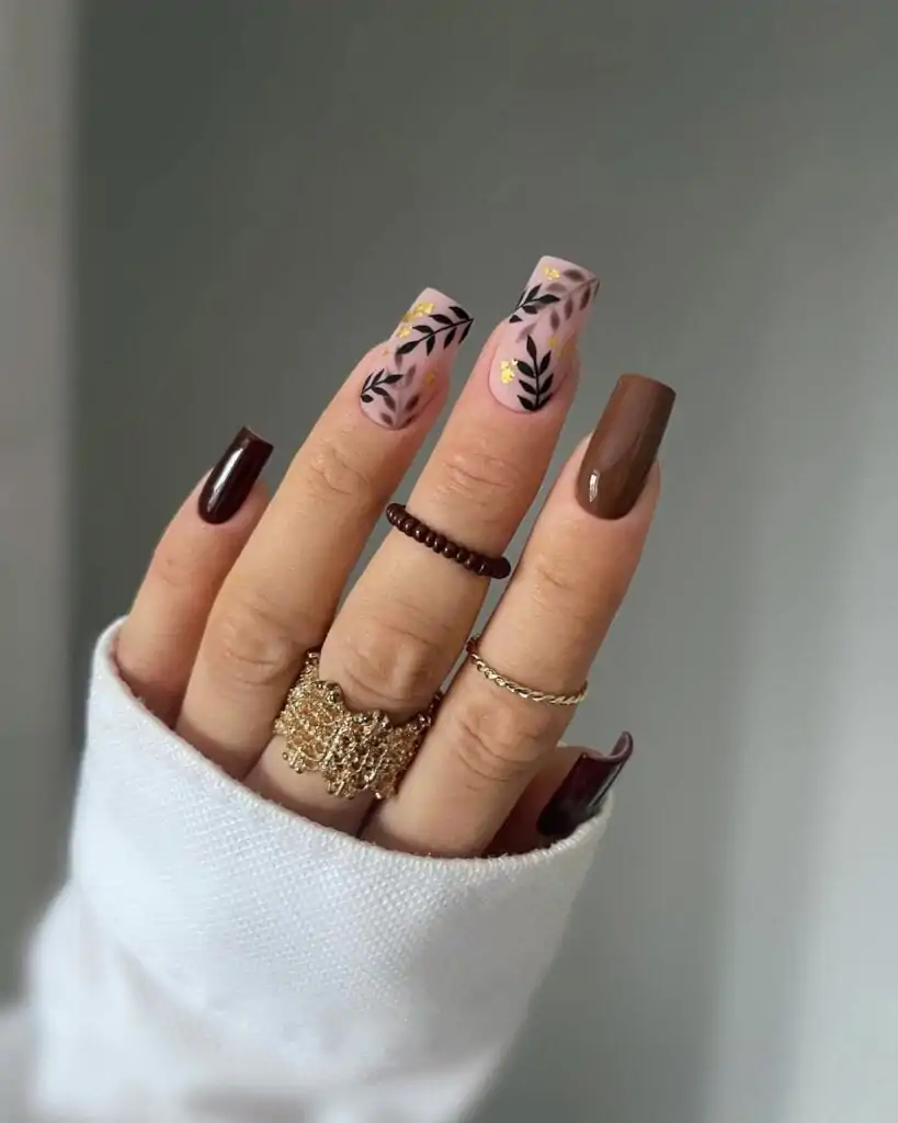 Brown-Nails-with-Black-Leaves