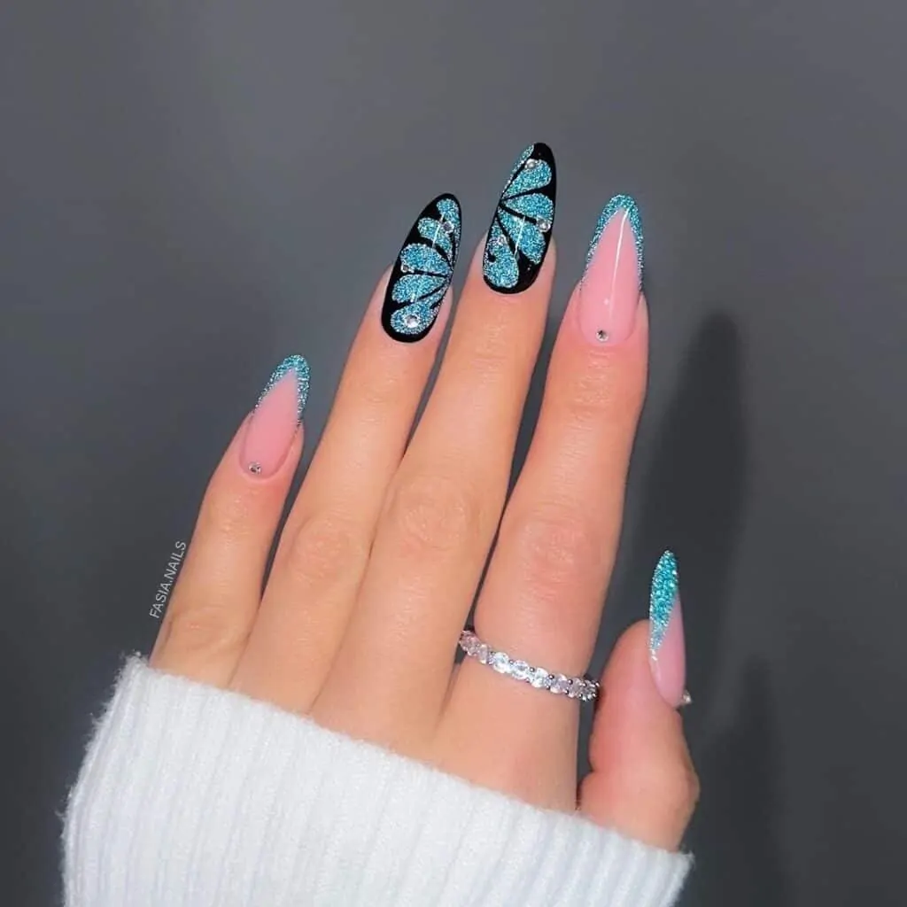Glitter-Blue-Butterfly-and-Black-Nails