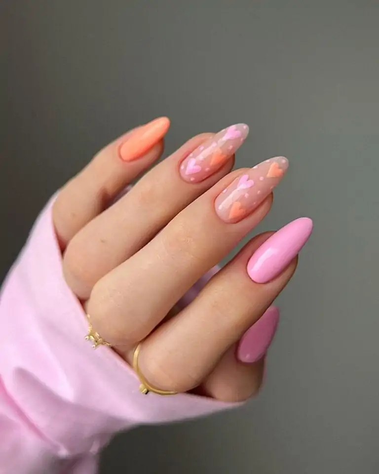 Orange-and-Pink-Heart-Nails