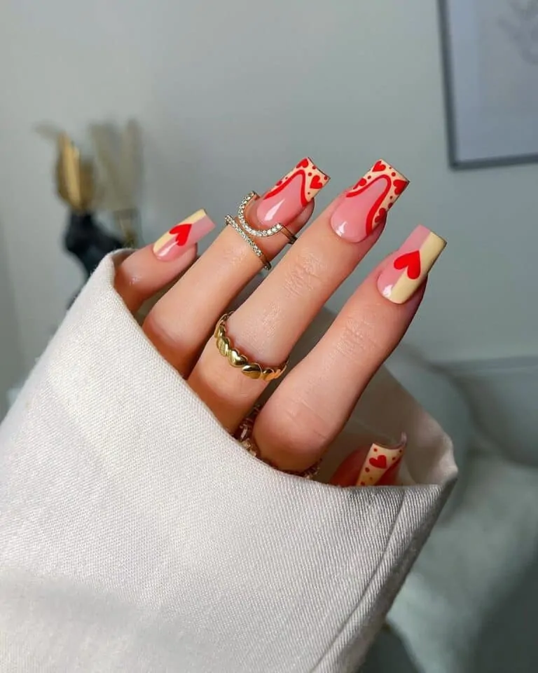 Swirly-Red-and-Yellow-Heart-Nails