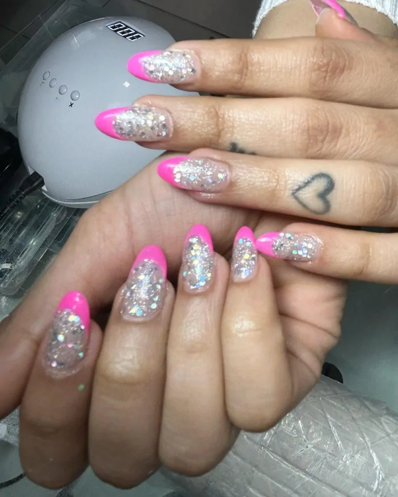 Trendy Sparkly French Pink Tip Nails